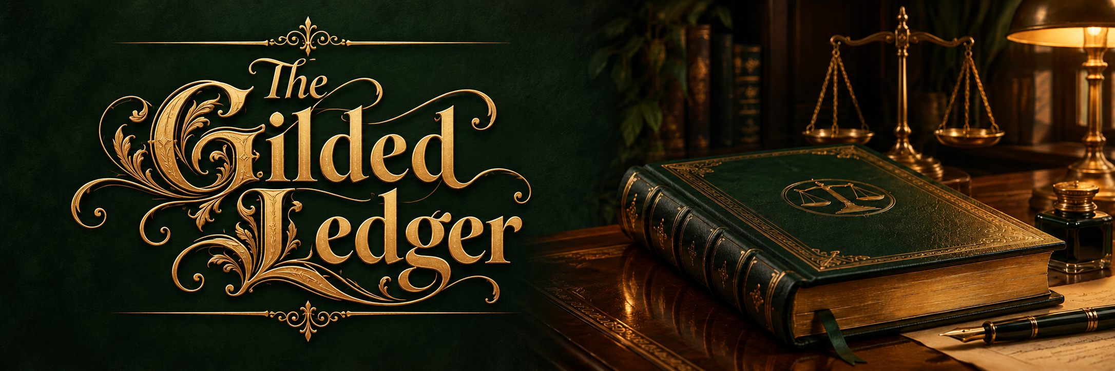The Gilded Ledger, an ornate green-and-gold accounting book